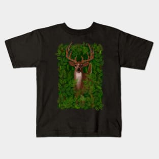 Christmas Fairy lights holiday deer illustration on a forest background Kids T-Shirt